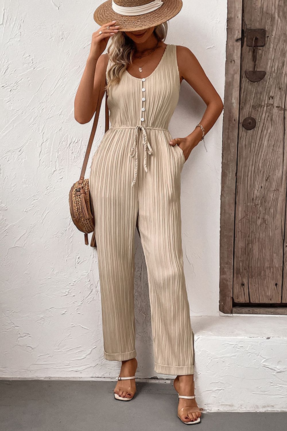 Textured Sleeveless Jumpsuit with Pockets