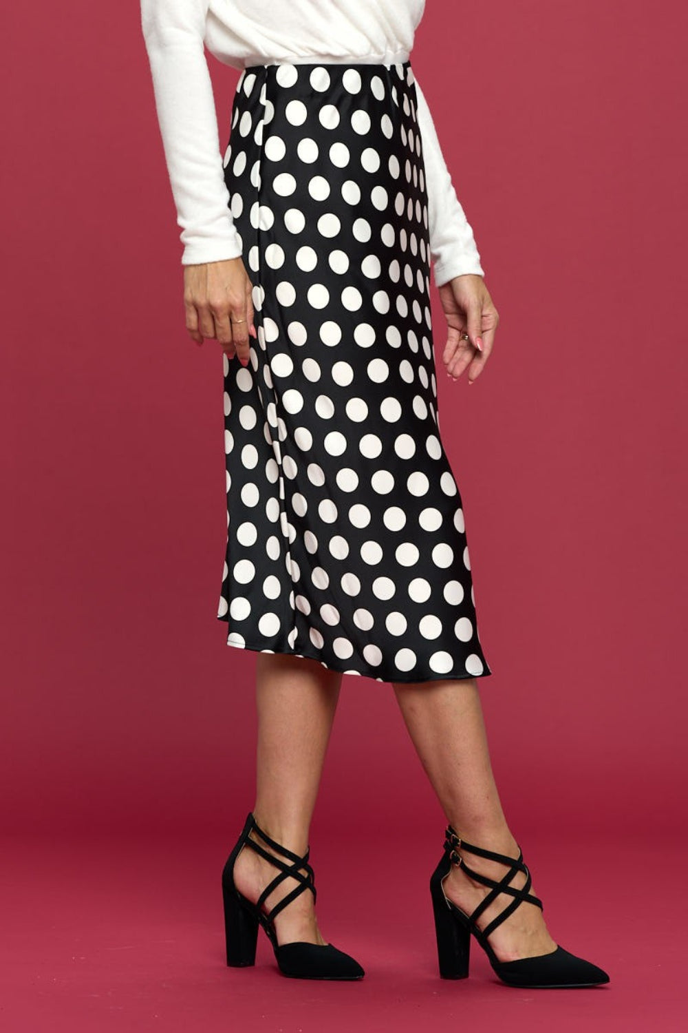 RENEE C Polka Dot Satin Midi Skirt